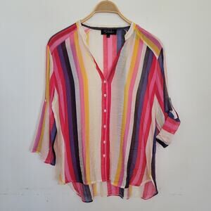 RD & Koko Semi Sheer Rainbow Stripe Button Down Top Roll Tab Sleeve Split Neck